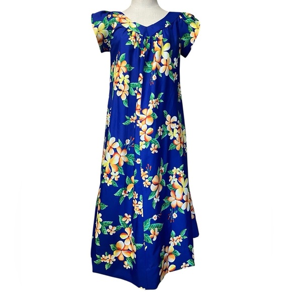 Vintage 12 Made In Hawaii Vibrant Blue Floral Hibiscus Maxi Dress Resortwear - Picture 2 of 8